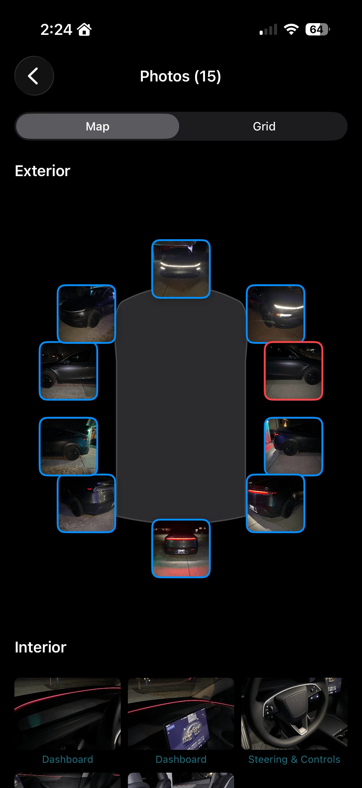Not My Dent! app showing 360-degree car scan with photos mapped around vehicle silhouette